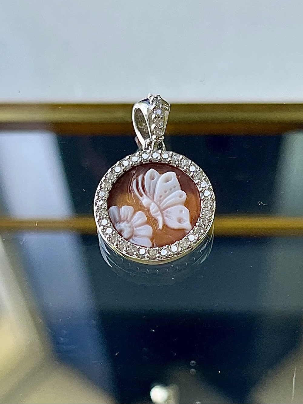 Italian Sterling Silver Sardonyx Butterfly/Flower Cameo Pendant w/ Zircon Halo